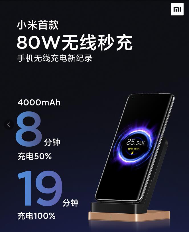 小米公布80W无线快充  只要19分钟充满电池