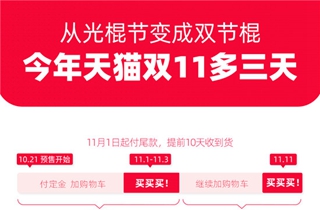 天猫双11从光棍节变双节棍：分两波购买，比往年多3天