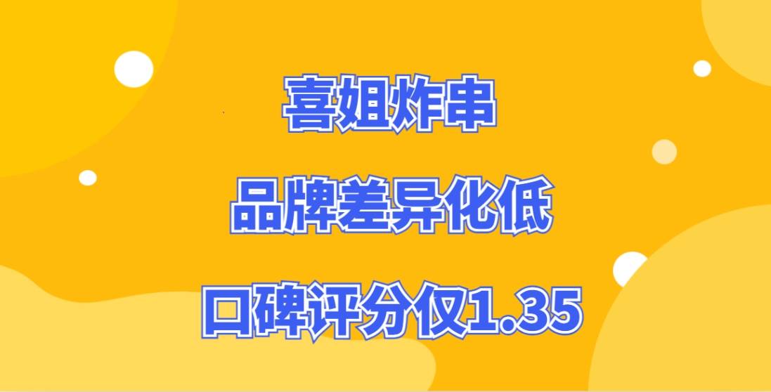 喜姐炸串加盟，品牌差异化低，难以抢占市场份额，口碑评分仅1.35