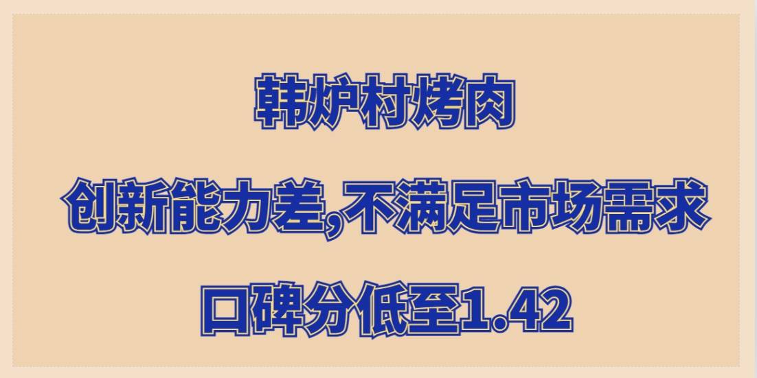 韩炉村烤肉加盟，总部创新能力差不满足市场需求，口碑分低至1.42