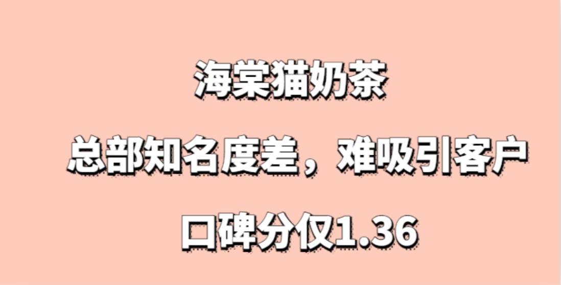 海棠猫奶茶加盟，总部知名度差，难吸引客户，口碑分仅1.36