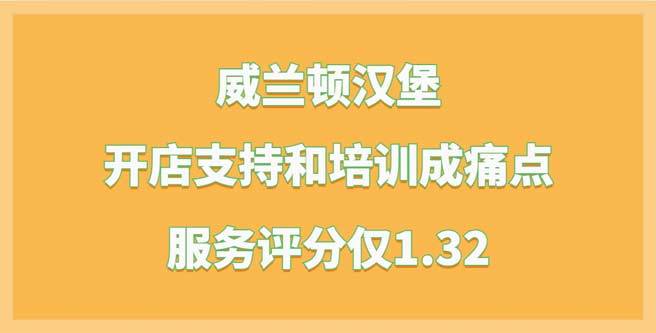 威兰顿汉堡加盟开店支持和培训成痛点，服务评分仅1.32