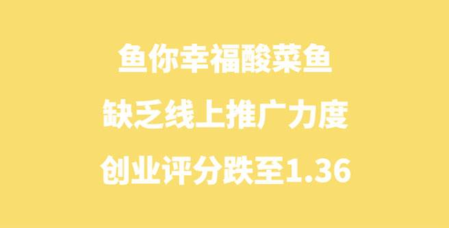 鱼你幸福酸菜鱼加盟缺乏线上推广力度，创业评分跌至1.36
